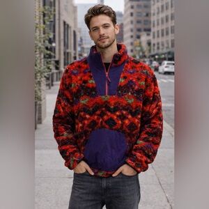 Urban Outfitters Sherpa Half Zip Fleece - Red & Purple